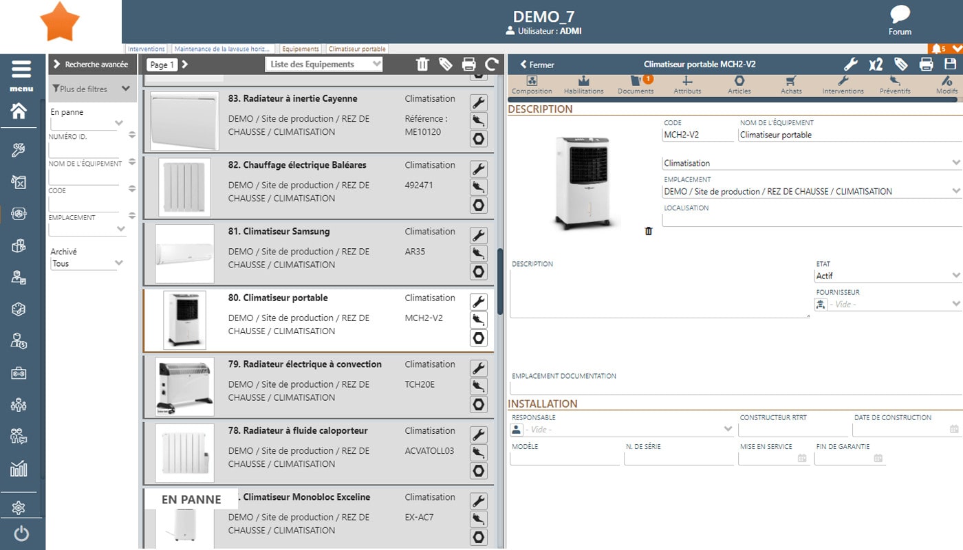 Fiche equipement sur la version 7 de la GMAO CapiLog