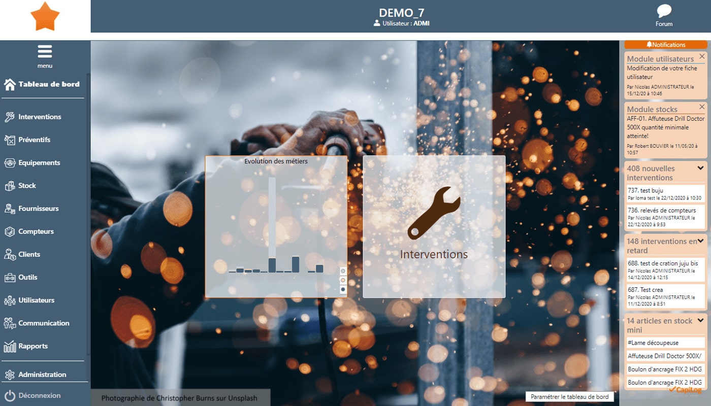 Tableau de bord logiciel de GMAO Capilog v7