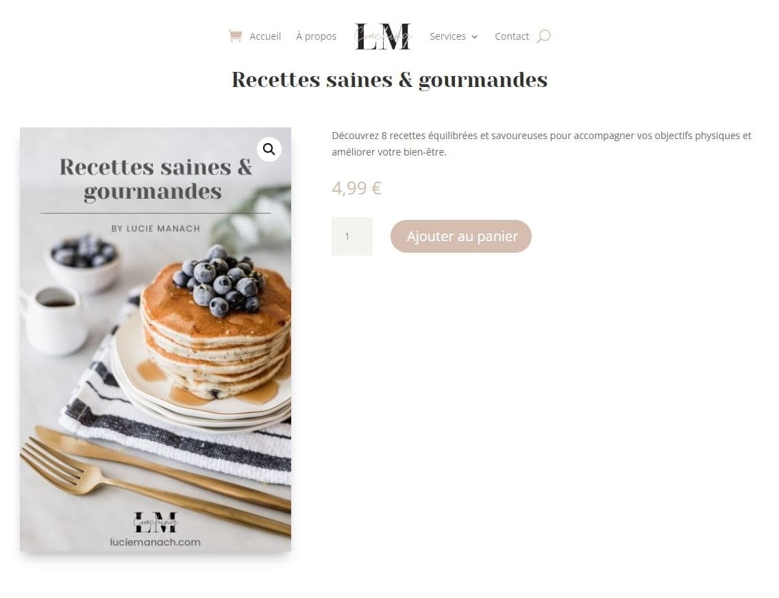 Page produit Lucie Manach, mise en page épurée et moderne avec fiche produit à gauche de l'écran