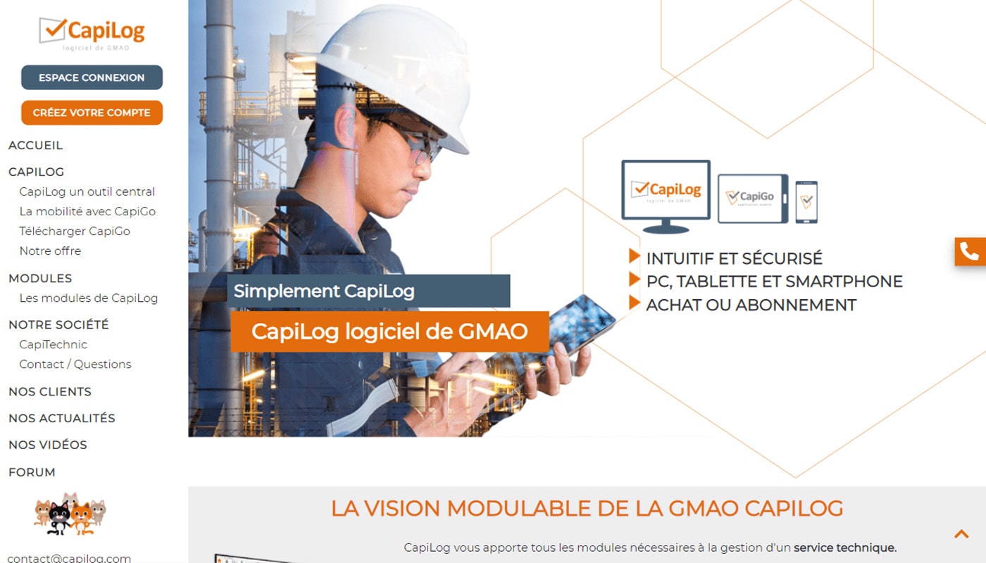 Page accueil logiciel de GMAO CapiLog