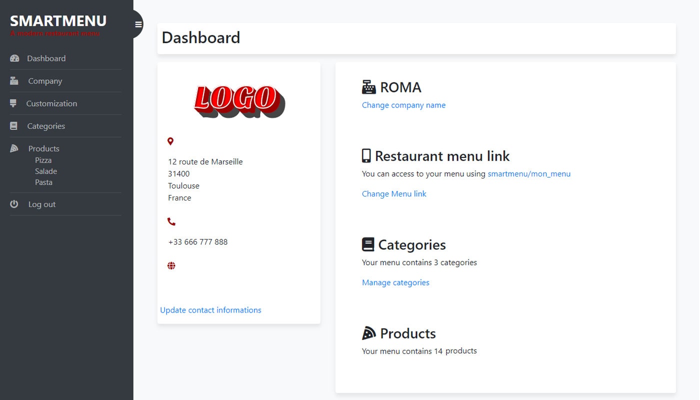 Smart menu logiciel gestion restaurant table de bord avec choix logo et coordonnées