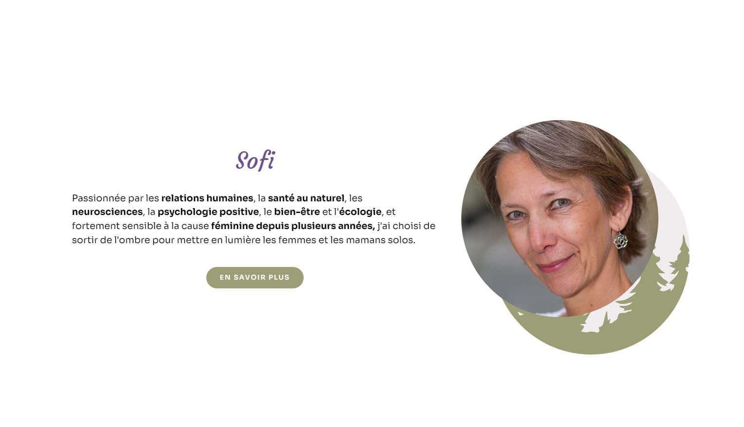Page accueil du site présentation de Sofi avec texte et photo