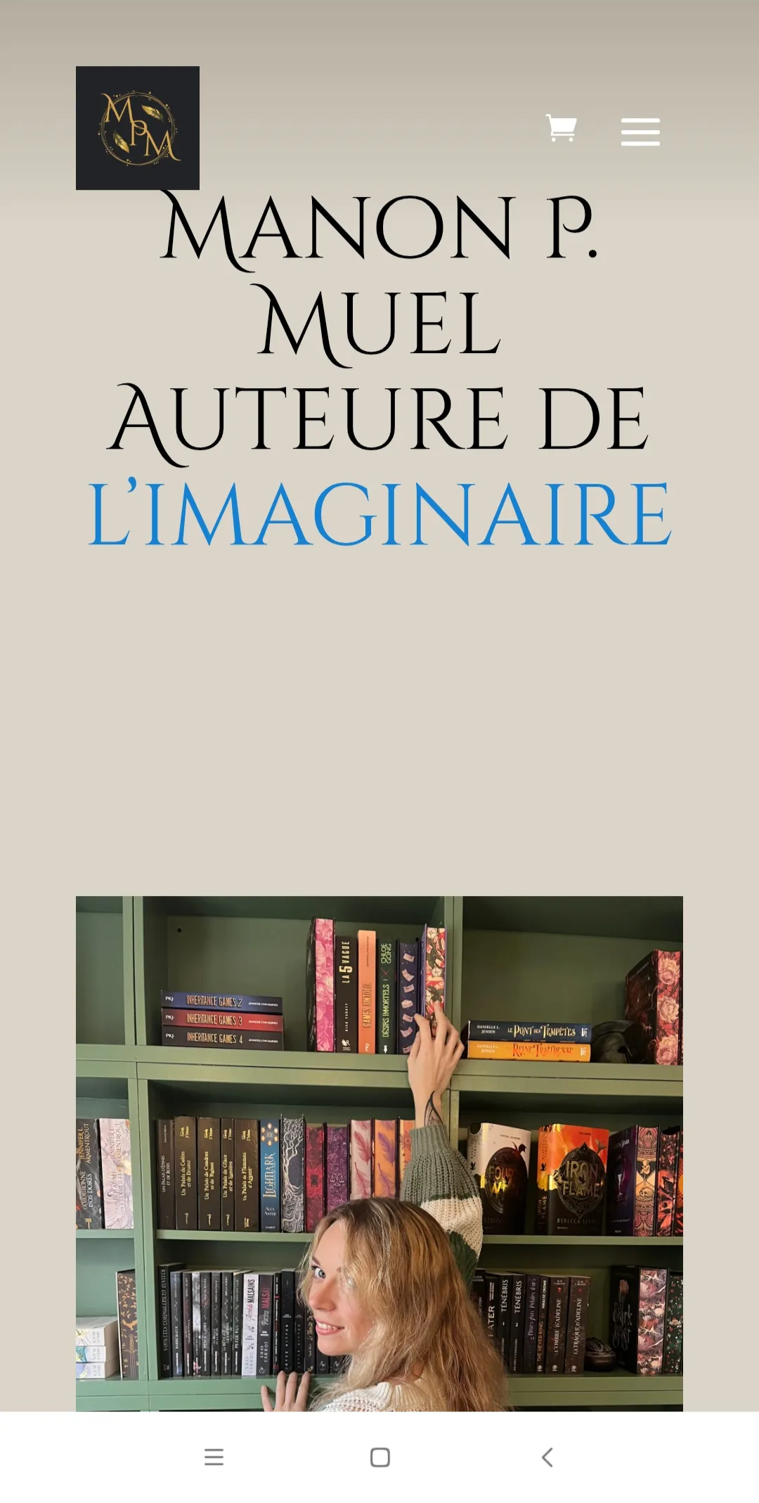Page d'accueil sur mobile du site Manon P Muel auteure de l'imaginaire